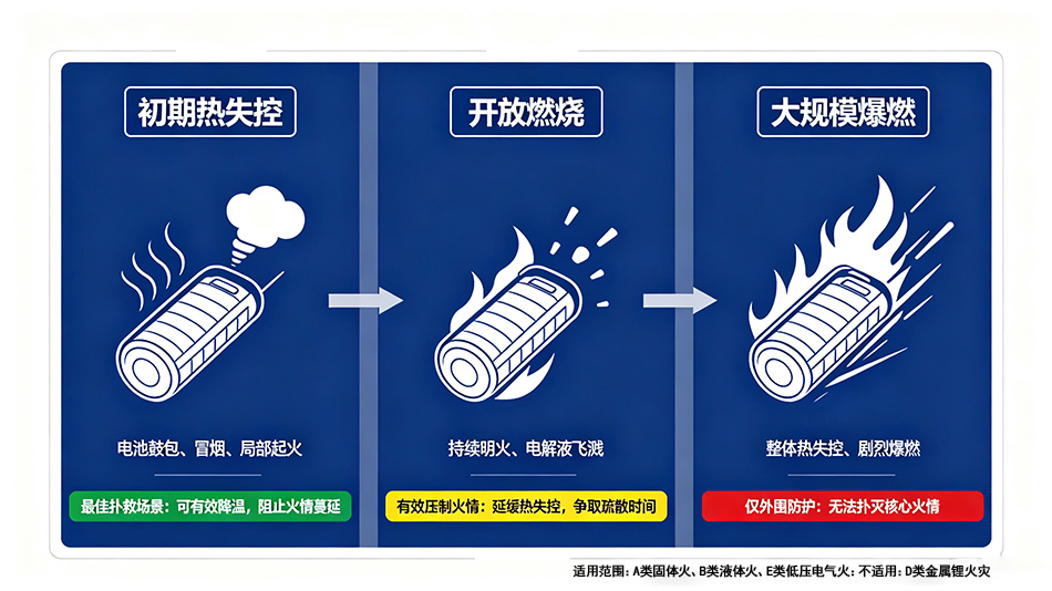 锂电池火灾阶段与扑救能力示意图