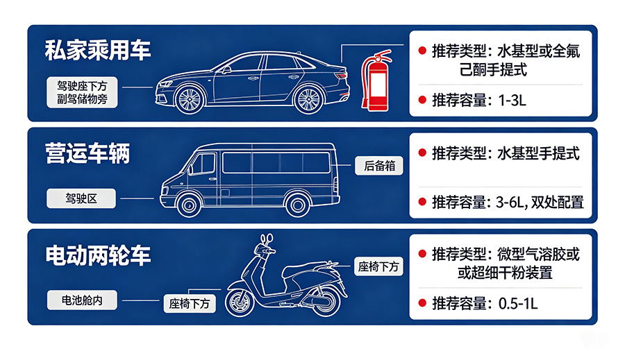 新能源车载灭火器选型与放置示意图